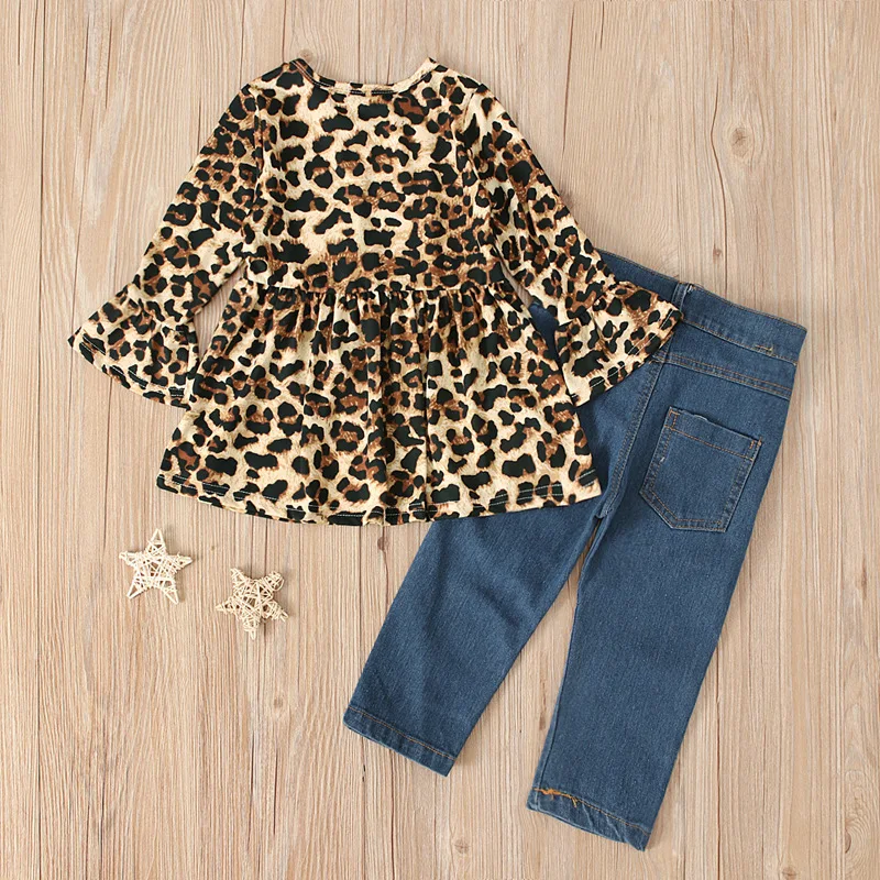 ; леопардовое платье с оборками и джинсы; комплект одежды; рубашка с гепардом для маленьких девочек; платье на бретелях