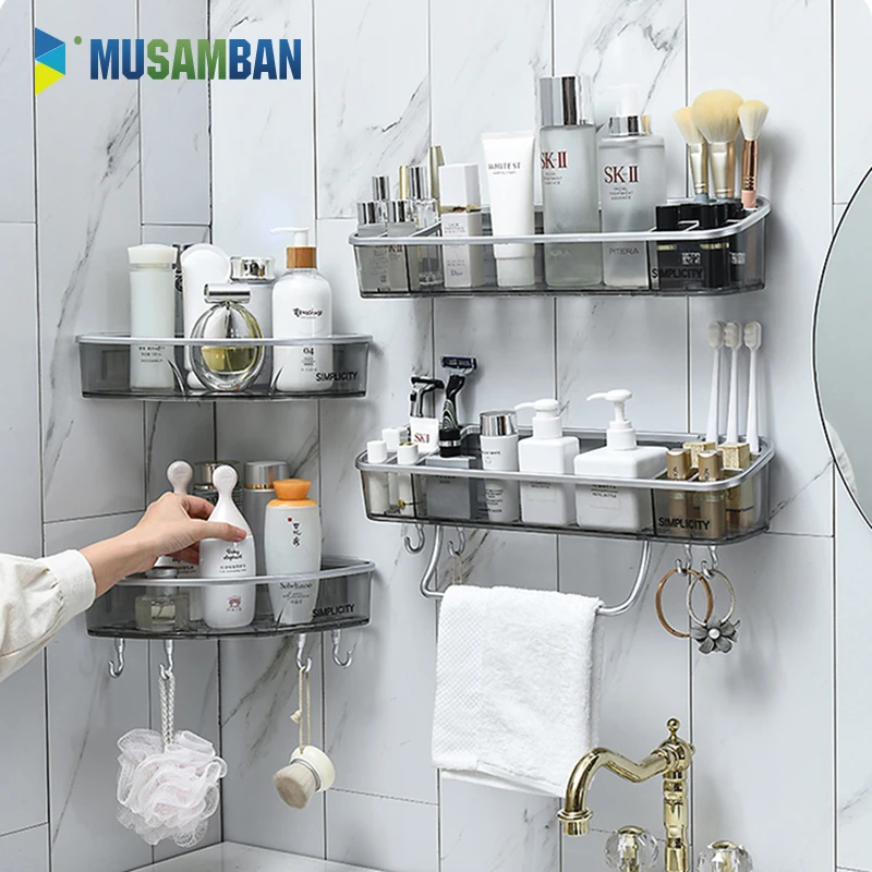 Details about  / Bathroom Rack Shower Shelf Wall Mount Shampoo Towel Bar Kitchen Corner Holder
