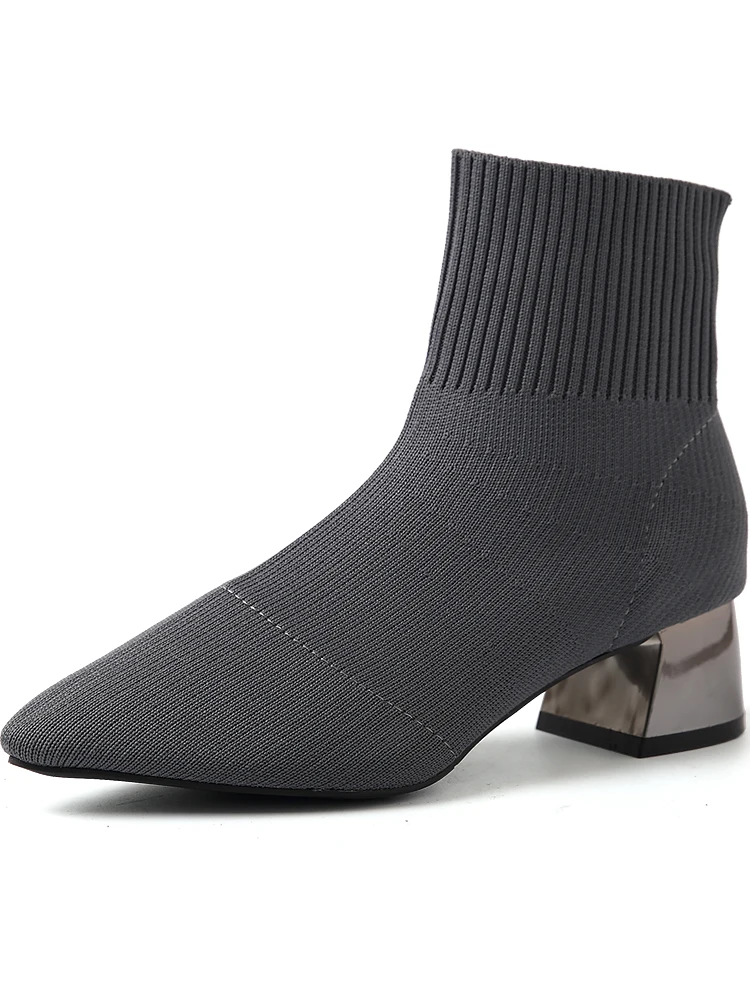 

2019 Sock Boots for Woman Pointed Toe Knitting Ankle Boots Elastic Slip On Casual Boots Lowed Heeled Autumn Dress Shoes Woman