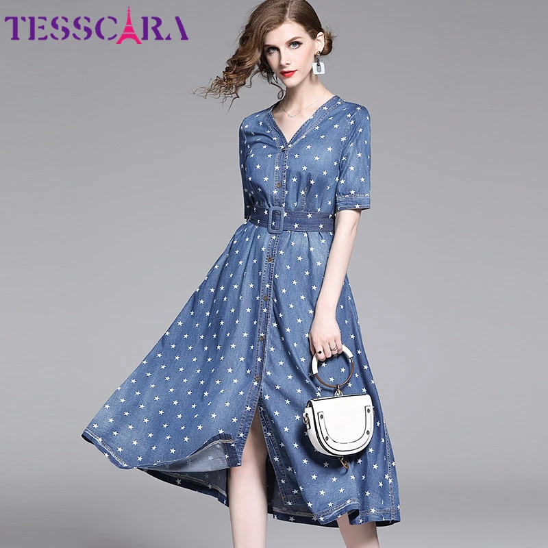 TESSCARA, женское элегантное джинсовое платье, рубашка, женская, высокое качество, принт со звездой, v-образный вырез, дизайнерское, женское платье, высокое качество, на каждый день, Vestidos