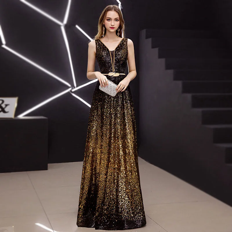 

Black And Gold Sequined & Beaded V Neck Tank Sleeveless Luxury Long Dress Elegant Sexy Clubwear Women Evening Party Dresses 2020