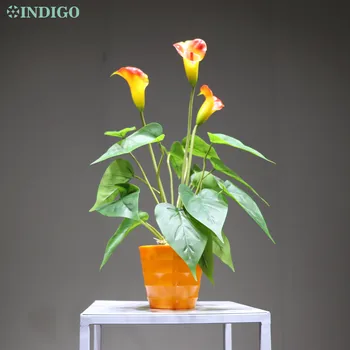 

INDIGO- Calla Lily Bouquet (18pcs Leaves+3pcs Flowers + Resin Vase) Touch Flower Calla Wedding Flower Party Table Flower Bonsin