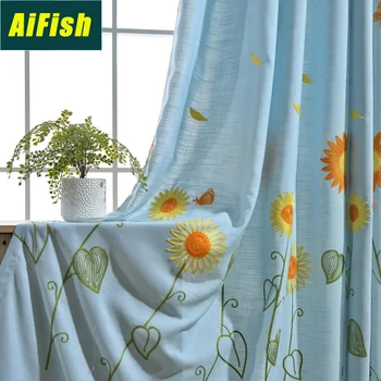

Sunflower Embroidered Curtains European Country Rustic Style Curtains For Vertical Floor Living Room Bedroom Curtains WP298-3