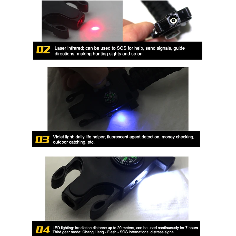 7 в 1 Паракорд выживания браслет многофункциональный лазерный фонарик браслет ручной работы инфракрасный для кемпинга оборудование инструмент