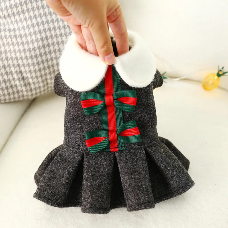 

Teddy Bichon Autumn And Winter New Style Students College Style ni zi qun Dark Gray Warm Cute Bow Skirt Dog Clothes
