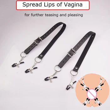 Leather Pussy Clamps Clip,BDSM Bondage Around Thigh Labia Spreader,Spread Lips of Vagina Wide Chastity Belt,Sex Toys For Couples 3