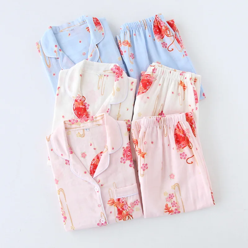 

Japanese Sweet Style Women Spring Cotton Gauze Leisure Pajamas 2 Piece Set Long Sleeve Pajama Home Clothing Lounge Sleepwear