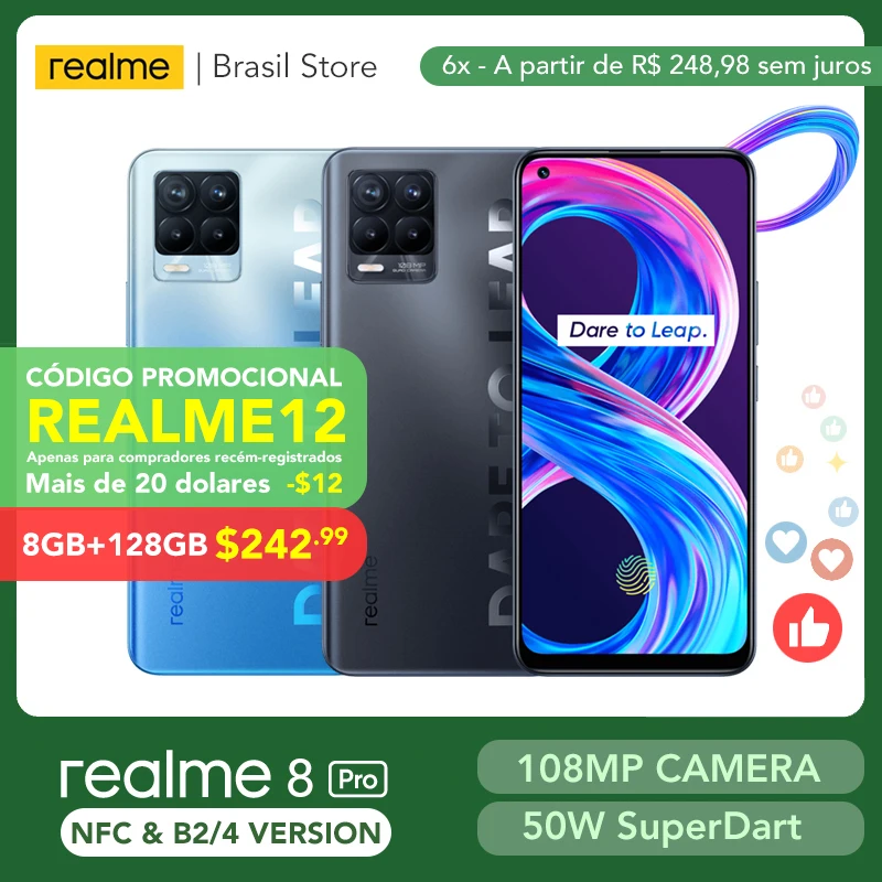 Realme 8 Pro versión Global 8GB 128GB 108MP 50W SuperDart cargo AMOLED apoyo B2/4 cargador de enchufe de la UE