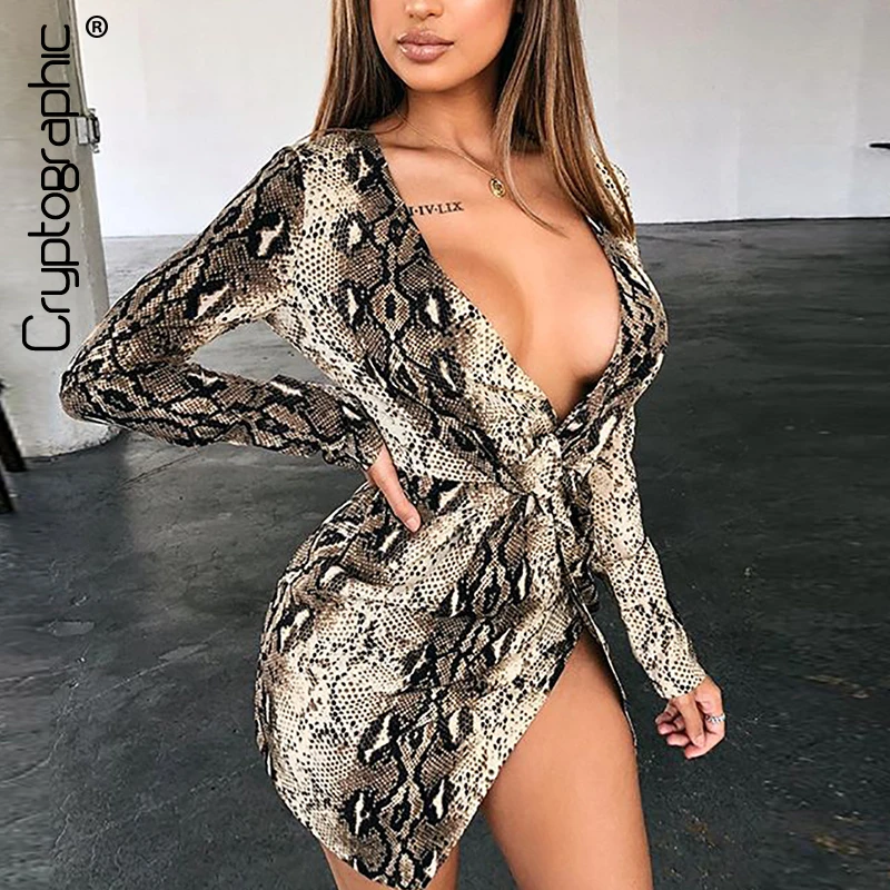 

Cryptographic Fashion Snake Print Sexy V Neck Dress Female High Waist Mini Dress 2019 Autumn Long Sleeve Criss Cross Slit Dress