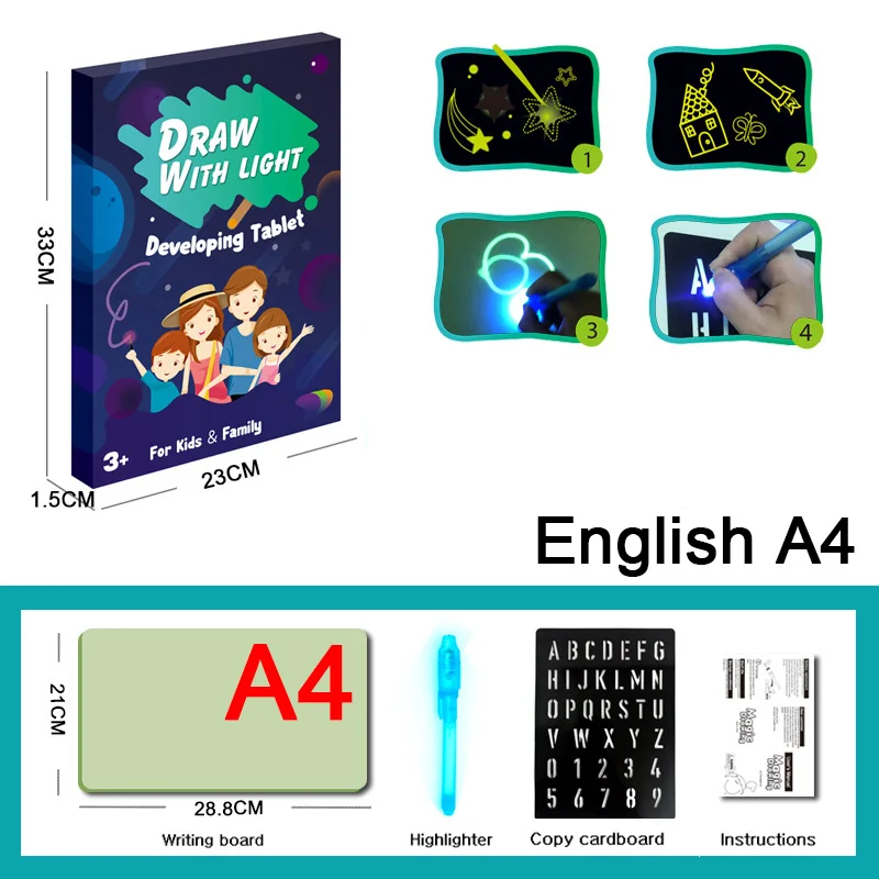 A3, A4, A5 светодиодный светильник, доска для рисования граффити, планшет для рисования, волшебная игрушка для рисования, флуоресцентная ручка, Развивающие детские игрушки для мальчиков - Цвет: English A4