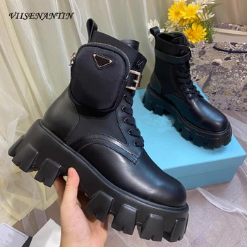 

New Genuine Leather Women Ankle Boots Patchwork Pocket Runway Bootie Lace Up Flat Platform Handsome Thick Sole Military Shoes