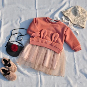 

Cute Long Sleeve Patchwork Mesh Princess Dresses with Autumn Rabbit Ears Design for Girls E o