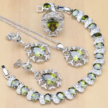 

925 Sterling Silver Jewelry Olive Green Cubic Zirconia Jewelry Sets For Women Earrings/Pendant/Necklace/Rings/Bracelet