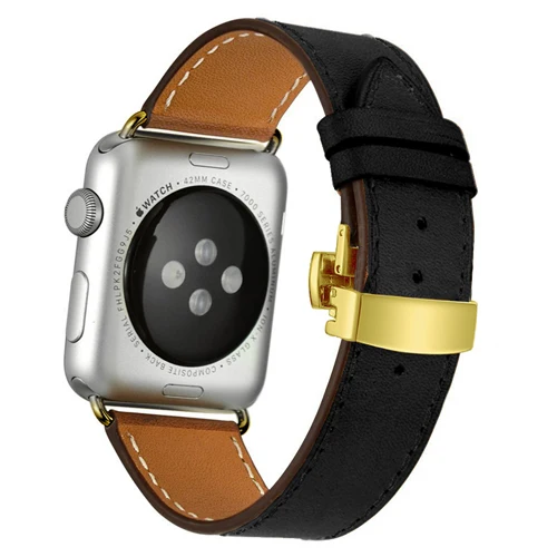 Кожаный ремешок для Apple watch band 4 44 мм 40 мм correa iwatch 5 4 3 2 ремешок 42 мм 38 мм Пряжка бабочка Apple watch 4 аксессуары - Цвет ремешка: Gold buckle