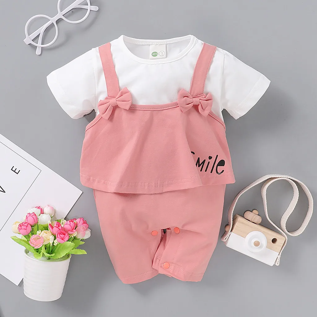 

(3M-18M) Baby Short Sleeve Fake Two Piece Bow Tie Letter Printed Jumpsuit Jumpsuit Jumpsuit Jumpsuit Smile Newborn Baby Girl S4