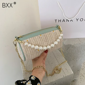 

[BXX] Straw Bags For Women 2020 Summer Vintage Handbags and Purses Lady Travel Pearl Handle Weave Small Cross Body Bag HN571