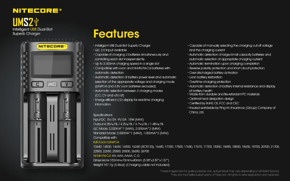 NITECORE UMS2 USB Двухслотовое интеллектуальное зарядное устройство+ NITECORE 21700 литий-ионная аккумуляторная батарея NL2150 5000mAh 3,6 V 18Wh