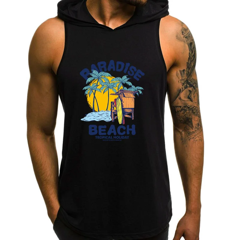 Black Tank Tops Мужская майка с капюшоном, без рукавов, с принтом, для спортзала, для спорта, тонкий жилет, для бодибилдинга, с капюшоном, в стиле хип-хоп, уличная, для тренировок, эластичная мужская майка - Цвет: Black Tank Tops