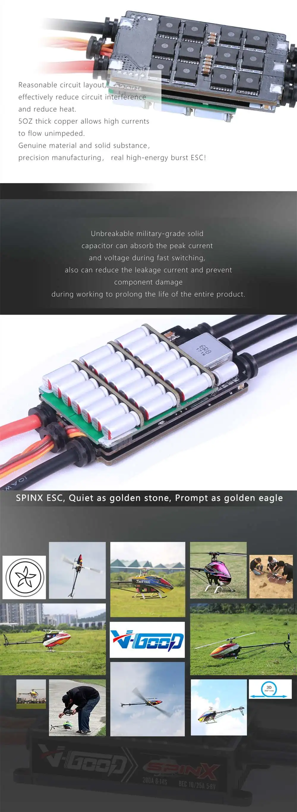 Горячая V-GOOD SPINX 200A 5-8 V/10A-25A 8-24KHz 6s-14s Lipo батарея бесщеточный ESC для 700 класса RC вертолет, самолет с радиоуправлением