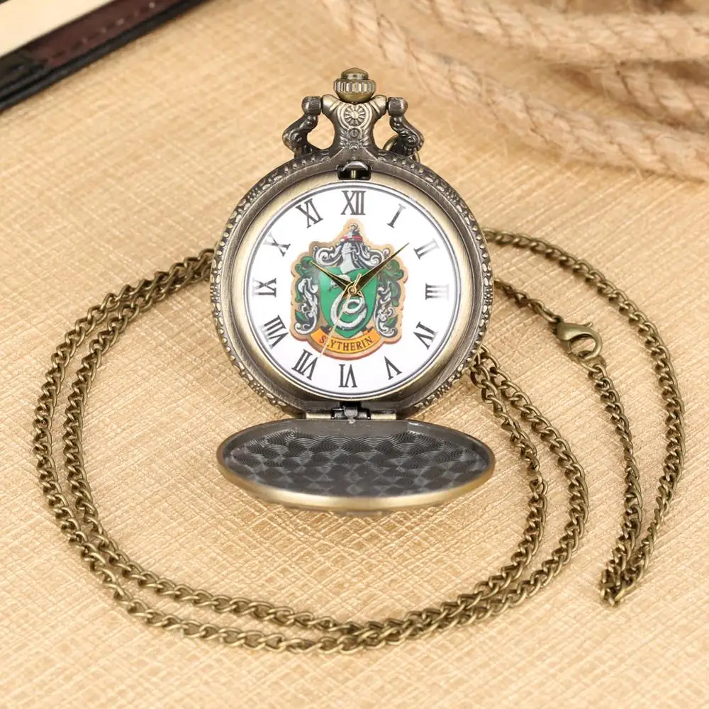 Карманные часы Slytherin House с узором, карманные часы для мужчин, бронзовые тонкие Подвесные часы с цепочкой для мужчин, рождественский подарок для фанатов hp