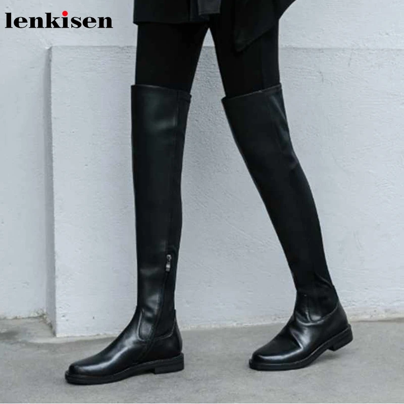 Lenkisen/растягивающиеся сапоги из коровьей кожи зимние теплые женские Сапоги выше колена на среднем каблуке с круглым носком в сдержанном стиле; L21