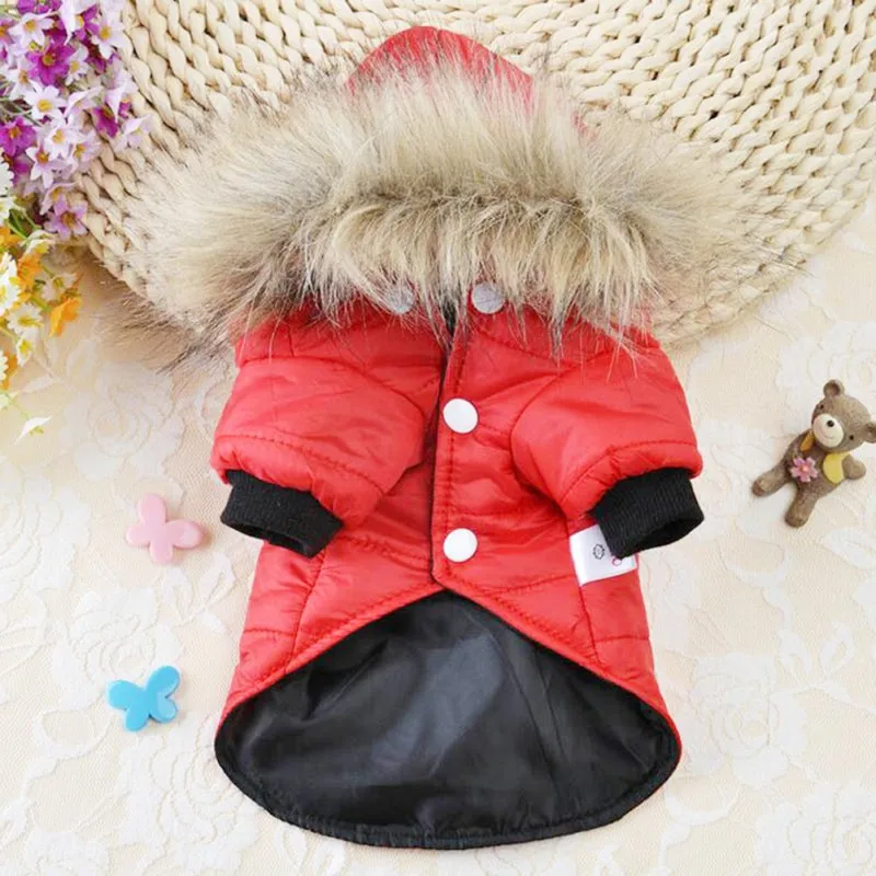 5 размеров, зимняя теплая одежда для собак, водонепроницаемая утепленная куртка для собак, для чихуахуа, мягкий меховой капюшон, куртка для щенков, одежда для XS-XL
