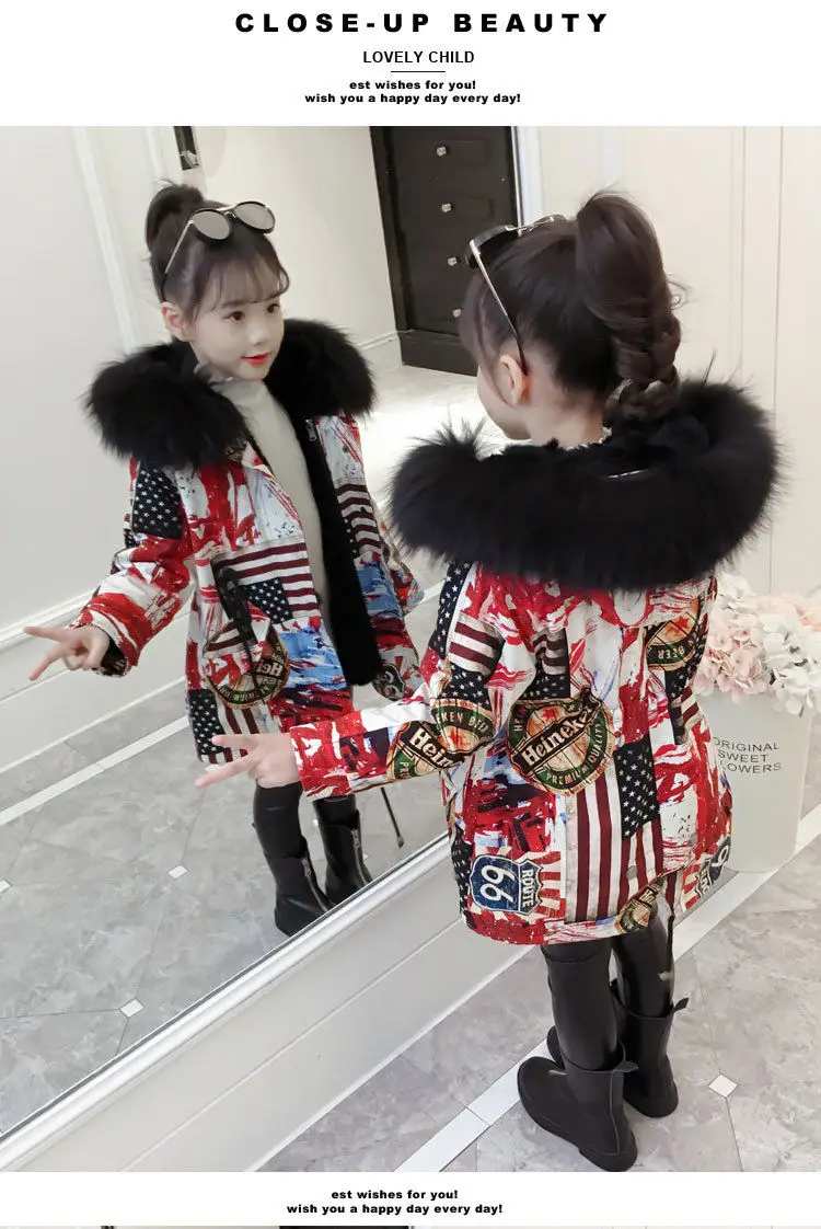 Fashion Children Winter down cotton Jacket Girl clothes Kids Warm Thick fur clothing Hooded long Coat For Teenage 4Y-13Y