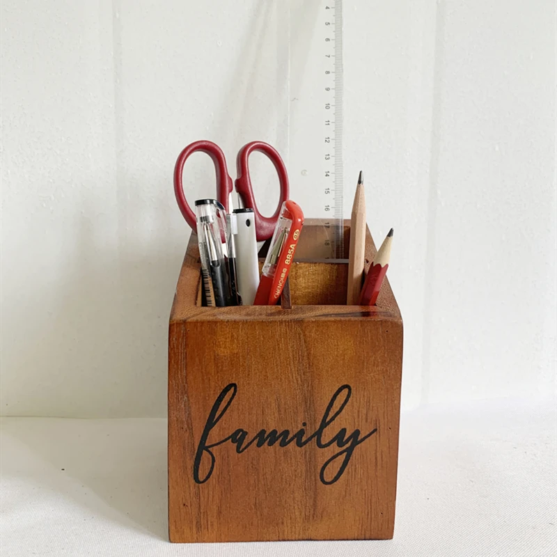 

Natural solid wood, desk pen holder, office, home, personal studio, rustic retro brown four-grid pen holder