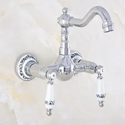 Polished Chrome Brass Wall Mounted Bathroom Kitchen Sink Faucet Swivel Spout Mixer Tap Dual Ceramics Handles Levers mnf568