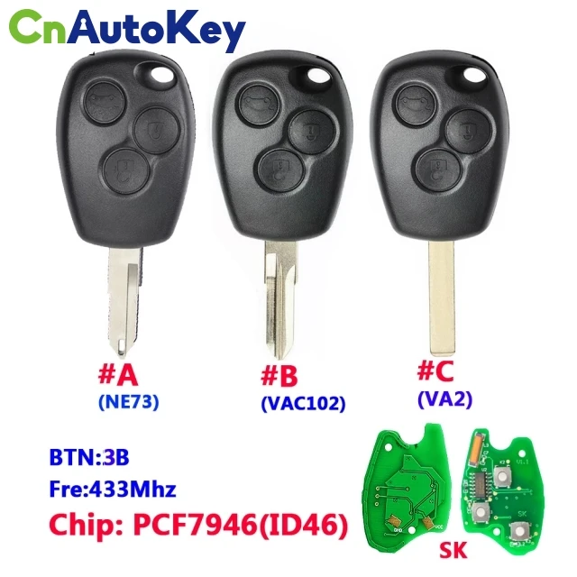 

CN010005 Aftermarket Remote Control Key 3 Buttons 433MHz PCF7946 For R-enault /Kangoo II /Clio III