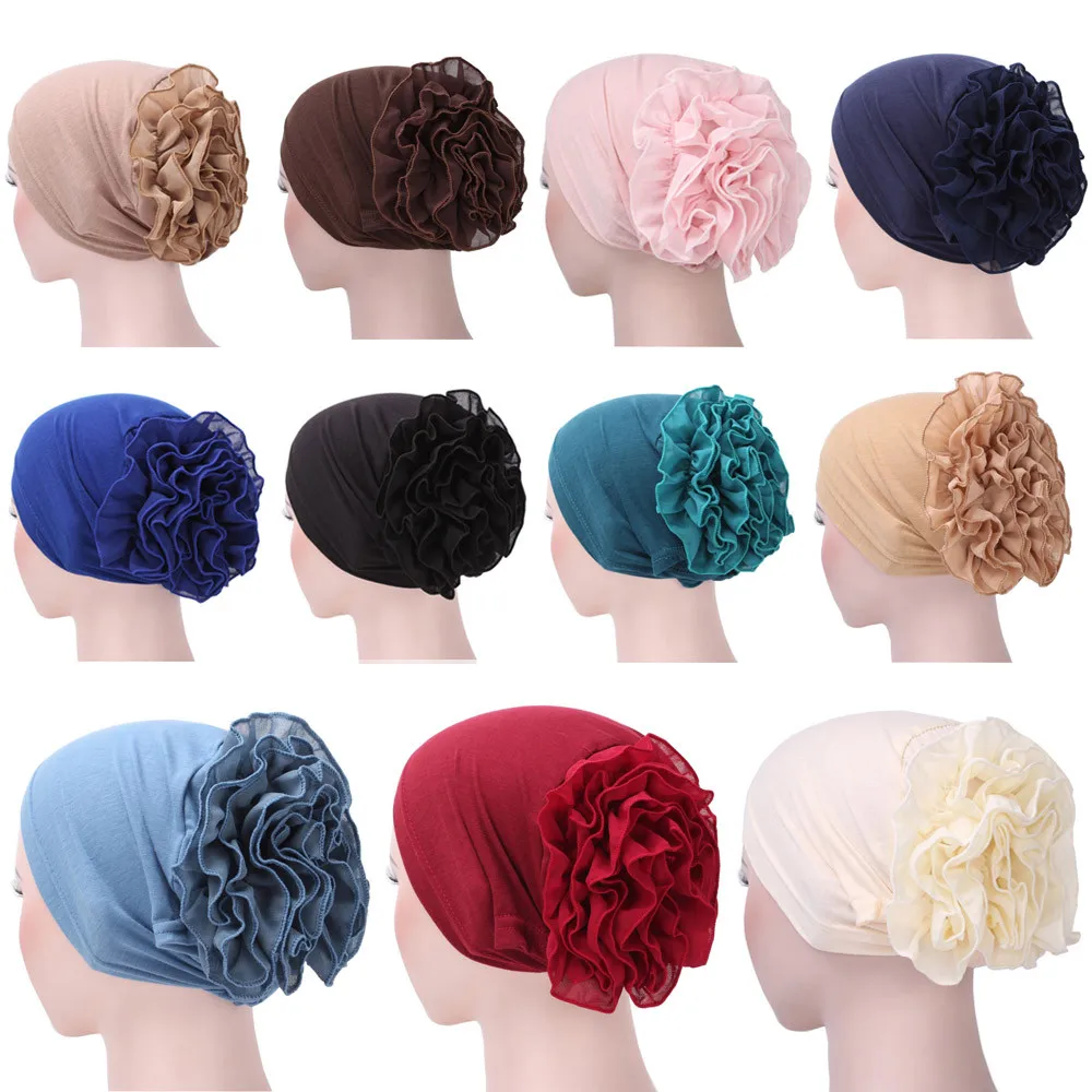 

JAYCOSIN Women Chiffon Flower Hats Muslim Ruffle Cancer Chemo Hat Beanie Scarf Turban Head Wrap Cap Headgear Elegant Hat #45