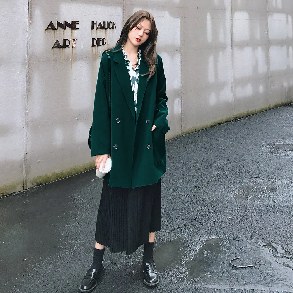 

Korean-style Large Size Women's Laziness-Style Tops Early Autumn Green Suit Jacket Loose-Fit Mid-length CHIC Suit Western Style