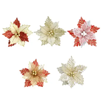 

22cm Golden Gauze Glitter Artifical Christmas Flowers Christmas Tree Decoration Fake Flowers Xmas Ornaments New Year Decor 2021