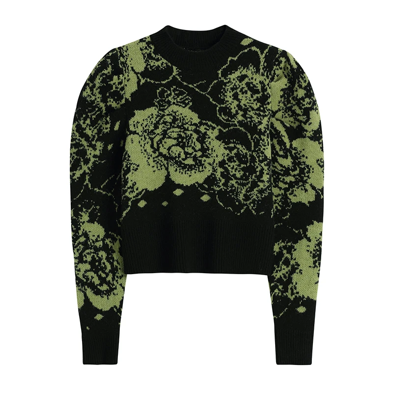 

Women's Puff Sleeve Sweater Short Flower Autumn Round Neck Pullover Sweater Loose Outer Wear Korean Top