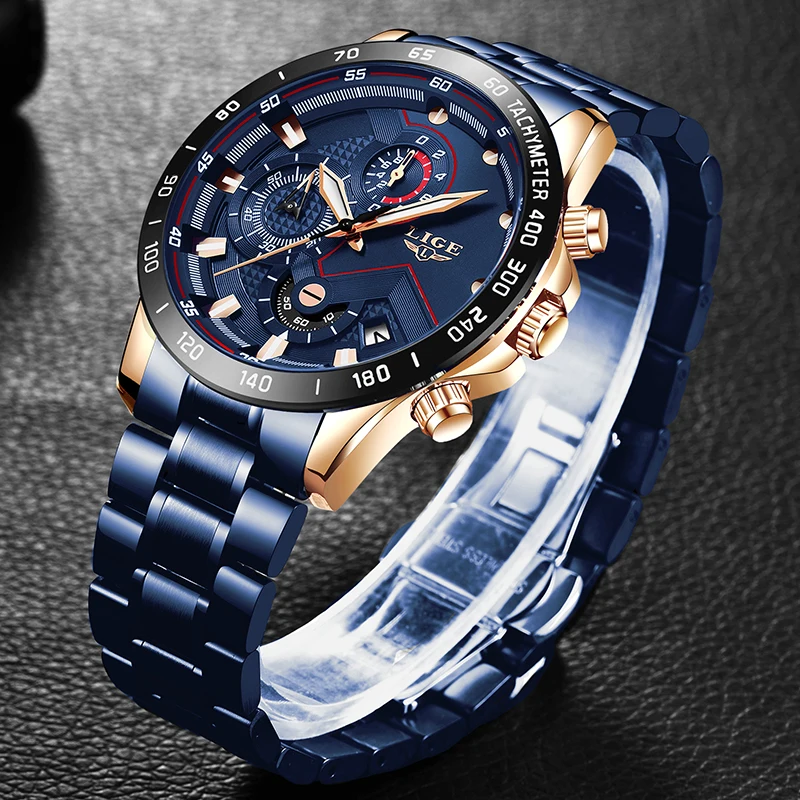 Online Relojes LIGE de moda de negocios azules para hombre reloj de lujo de marca Superior Militar Masculino todo acero resistente al agua reloj de cuarzo reloj Masculino