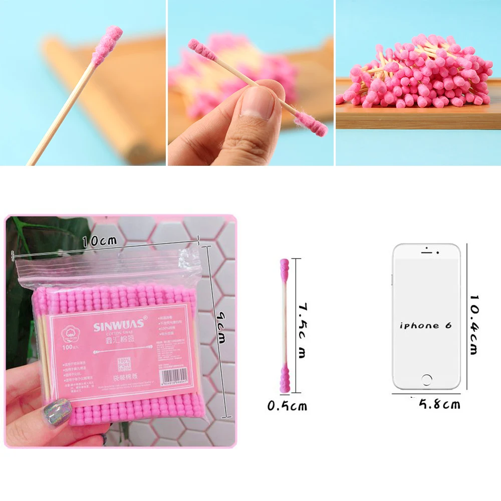 100 Pcs/Pack Pink Double Head Cotton Swab Sticks Female Makeup RemoverCotton Buds Tip For Medical Nose Ears Cleaning