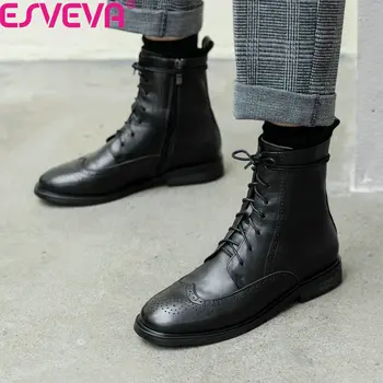 

ESVEVA 2020 Lace Up Zipper Round Toe Autumn Winter Casual Ankle Boots Cow Leather Square Low Heel Comfort Women Shoes Size 34-39