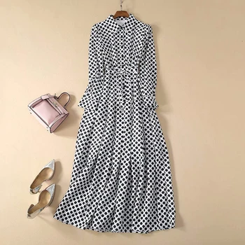 

HIGH QUALITY Newest Fashion 2020 Runway Maxi Dress Women's Long Sleeve Shirt Collar Dot Print Long DRESS