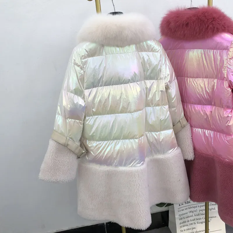 Down Jacket Women Winter Down Coat Female Fox Fur Waist Slimming Wool Stitching Light Reflecting Jackets Thick Warm HS725