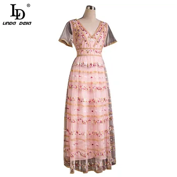

LD LINDA DELLA Fashion Designer Summer Elegant Party Dress Women Short Sleeve Vintage Overlay Mesh Embroidery Ladies Midi Dress