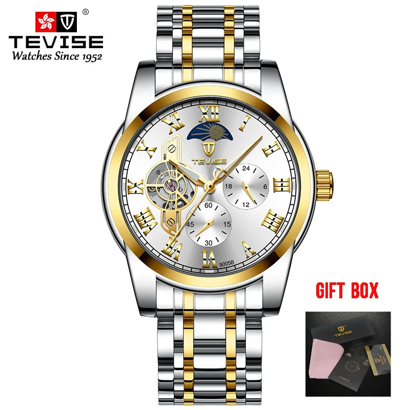 gold white Tevise Топ бренд для мужчин Tourbillon автоматические механические часы Скелет часы для мужчин с автоматическим подзаводом мужские наручные часы Relogio Masculino - Цвет: gold white