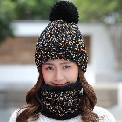 Black Winter Knitted Hat Women Scarf Caps Mask Gorras Bonnet Warm Winter Hats For Girls Skullies Beanies - Цвет: Black