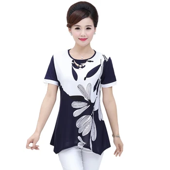

XL-4XL Plus Size Position Flower Print Women Shirts Fashion Mother Clothing Short Sleeve Tops Casual Slim Pullover