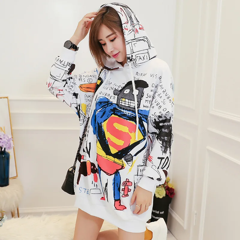 2019 Autumn Winter New Hoodies Sweat Womens Harajuku Cartoon Superman Graffiti Printed Casual Loose Fleece pullover Sweatshirts