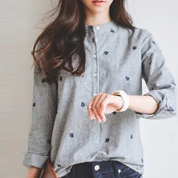 

Cotton Liene Women Shirt Spring Autumn Long Sleeve Printed Causal Female Tops Korean Girl's Sweet Shirts Round Neck Blouse