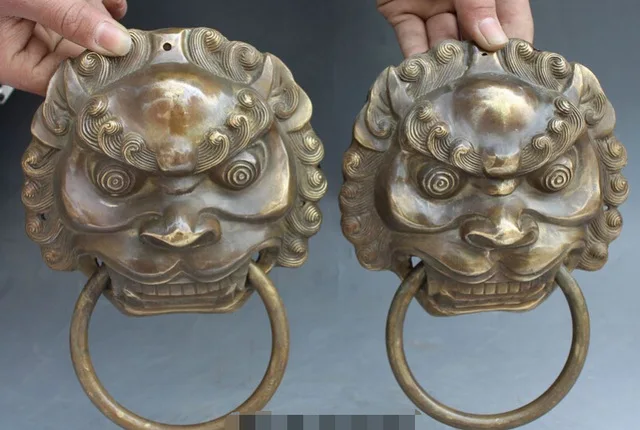 

8 "Chinese Brass Dragon Fu Foo Dog Guardion Lion Head Mask Door Knocker Pair