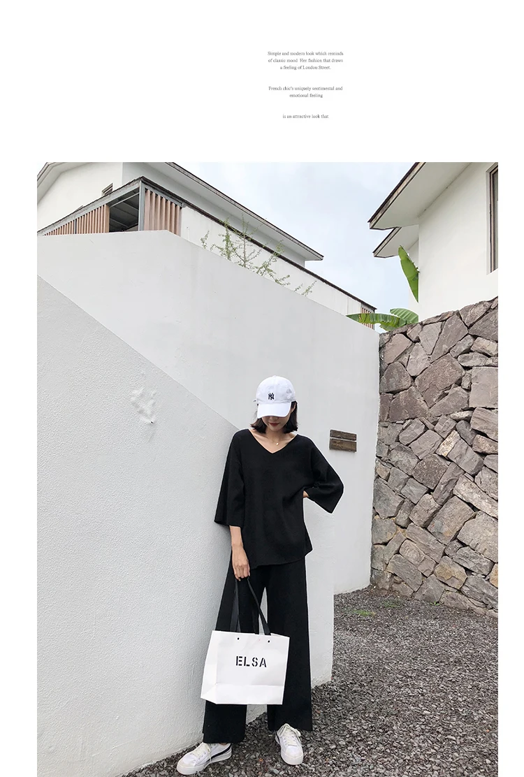Knitting Female Sweater Pantsuit For Women Two Piece Set Knitted Pullover V-neck Long Sleeve Bandage Top Wide Leg Pants  Suit