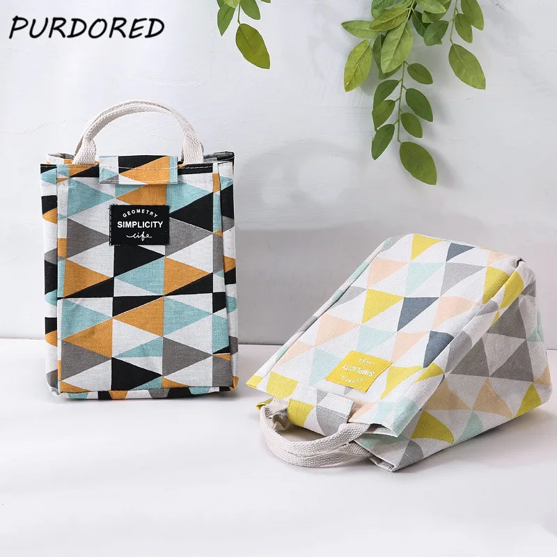 PURDORED-Bolsa de almuerzo de diseño geométrico para estudiantes, bolso enfriador de comida para Picnic, bolsas de almuerzo aislantes, bolsa portátil para desayuno, 1 ud.