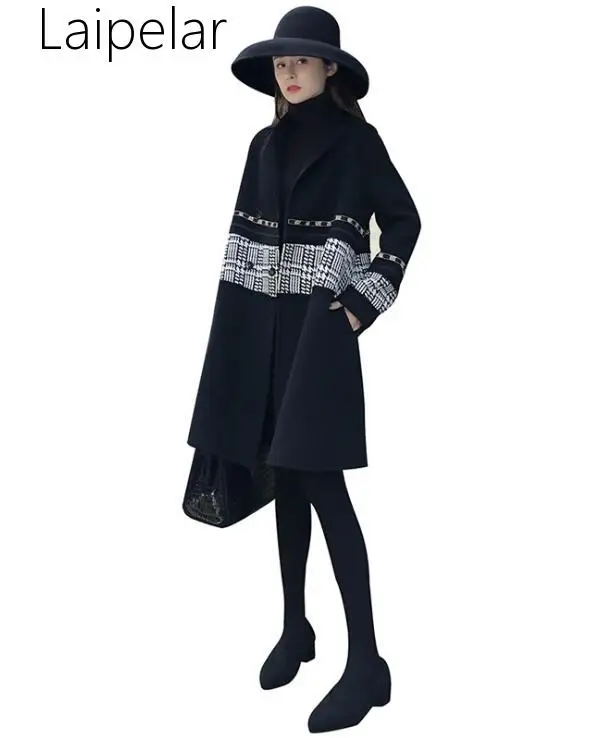 

2019 Fashion Winter Woolen Coat Women Designers Turn Down Collar Diamonds Plaid Patchwork Long Woolen Jackets Overcoat Outerwear