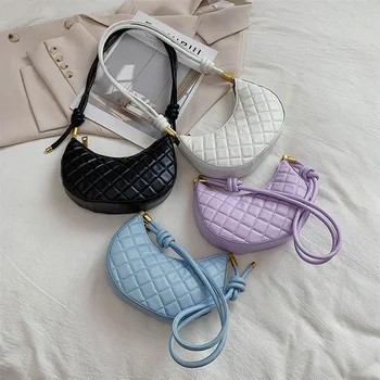 

Women Solid Crescent Shoulder Handbags Fashion Lattice Pattern PU Hobos Bags Popular Simple Female Daily Bag